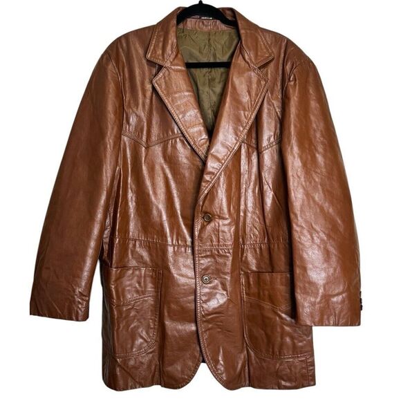 Vintage 70’s Sears Size 46 Tall Brown Orange Retro 2 Button Leather Jacket Coat - Picture 1 of 10